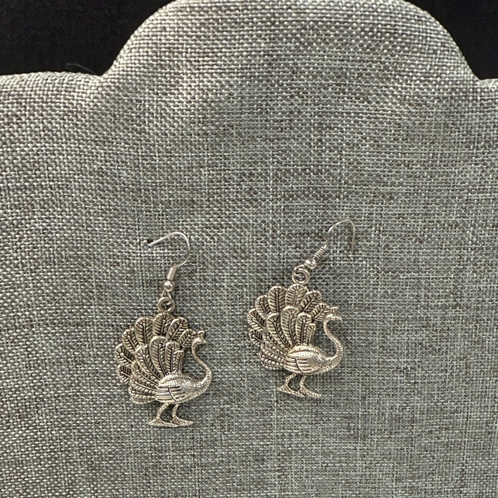 Silver Peacock Earrings - Picture 1 of 2